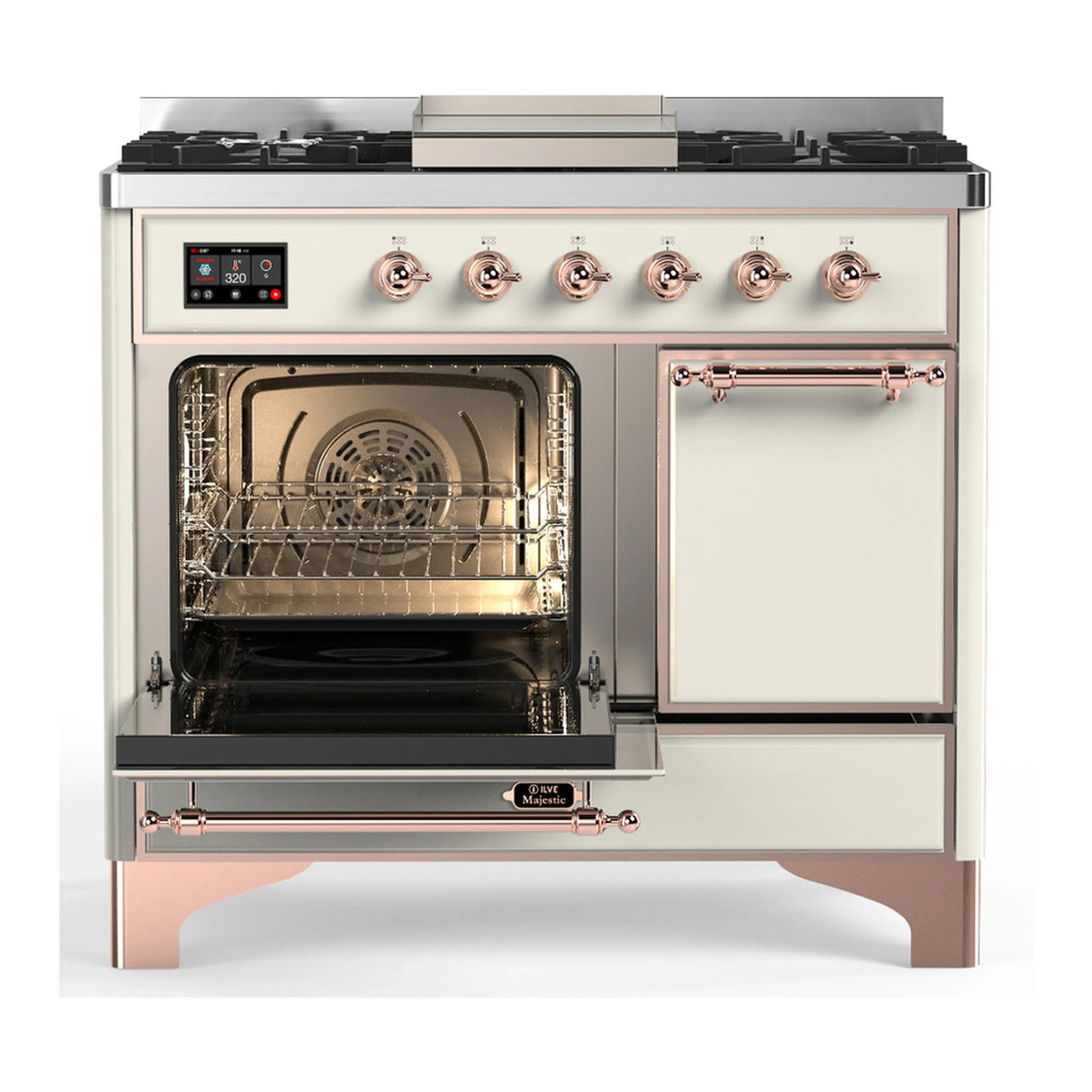 ILVE Majestic III 40-inch Dual Fuel Range with 5 Liquid Propane Burner, Griddle and Solid Door Electric Oven in Antique White with Copper Trim (UMD40FQNR3AWPLP)