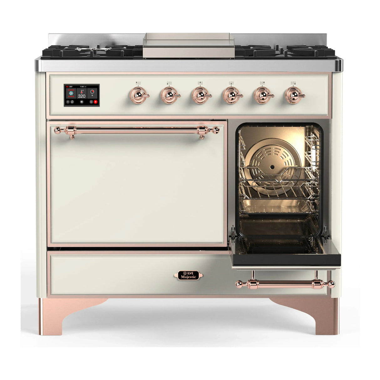 ILVE Majestic III 40-inch Dual Fuel Range with 5 Liquid Propane Burner, Griddle and Solid Door Electric Oven in Antique White with Copper Trim (UMD40FQNR3AWPLP)