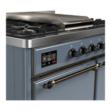 ILVE Majestic III 40-inch Dual Fuel Range with 6 Natural Gas Burner, Griddle and Solid Door Electric Oven in Blue Grey with Burnished Trim (UMD40FQNR3BGB)