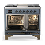 ILVE Majestic III 40-inch Dual Fuel Range with 6 Natural Gas Burner, Griddle and Solid Door Electric Oven in Blue Grey with Burnished Trim (UMD40FQNR3BGB)
