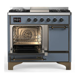ILVE Majestic III 40-inch Dual Fuel Range with 6 Natural Gas Burner, Griddle and Solid Door Electric Oven in Blue Grey with Burnished Trim (UMD40FQNR3BGB)