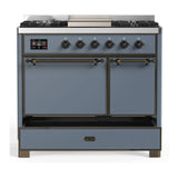 ILVE Majestic III 40-inch Dual Fuel Range with 6 Natural Gas Burner, Griddle and Solid Door Electric Oven in Blue Grey with Burnished Trim (UMD40FQNR3BGB)
