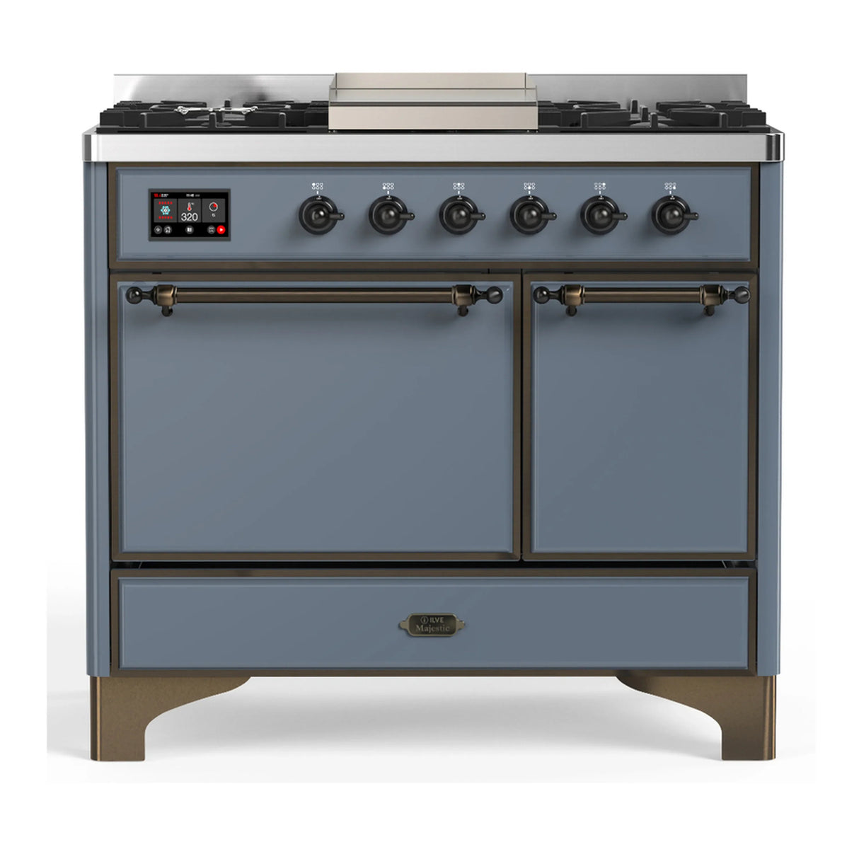 ILVE Majestic III 40-inch Dual Fuel Range with 6 Natural Gas Burner, Griddle and Solid Door Electric Oven in Blue Grey with Burnished Trim (UMD40FQNR3BGB)