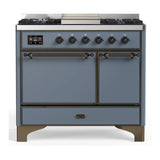 ILVE Majestic III 40-inch Dual Fuel Range with 6 Natural Gas Burner, Griddle and Solid Door Electric Oven in Blue Grey with Burnished Trim (UMD40FQNR3BGB)