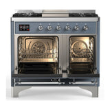 ILVE Majestic III 40-inch Dual Fuel Range with 6 Natural Gas Burner, Griddle and Solid Door Electric Oven in Blue Grey with Chrome Trim (UMD40FQNR3BGC)