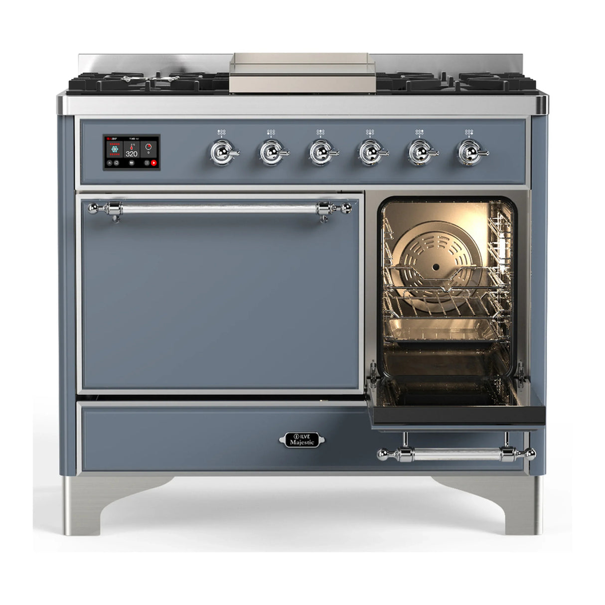 ILVE Majestic III 40-inch Dual Fuel Range with 6 Natural Gas Burner, Griddle and Solid Door Electric Oven in Blue Grey with Chrome Trim (UMD40FQNR3BGC)