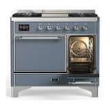 ILVE Majestic III 40-inch Dual Fuel Range with 6 Natural Gas Burner, Griddle and Solid Door Electric Oven in Blue Grey with Chrome Trim (UMD40FQNR3BGC)