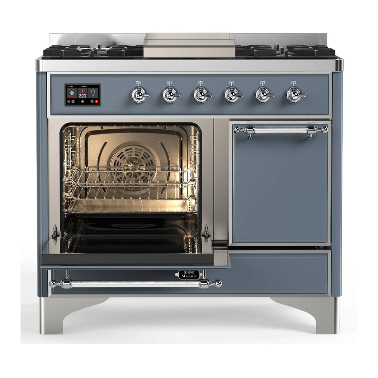 ILVE Majestic III 40-inch Dual Fuel Range with 6 Natural Gas Burner, Griddle and Solid Door Electric Oven in Blue Grey with Chrome Trim (UMD40FQNR3BGC)