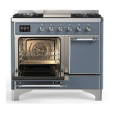 ILVE Majestic III 40-inch Dual Fuel Range with 6 Natural Gas Burner, Griddle and Solid Door Electric Oven in Blue Grey with Chrome Trim (UMD40FQNR3BGC)