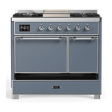 ILVE Majestic III 40-inch Dual Fuel Range with 6 Natural Gas Burner, Griddle and Solid Door Electric Oven in Blue Grey with Chrome Trim (UMD40FQNR3BGC)