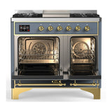 ILVE Majestic III 40-inch Dual Fuel Range with 5 Liquid Propane Burner, Griddle and Solid Door Electric Oven in Blue Grey with Brass Trim (UMD40FQNR3BGGLP)