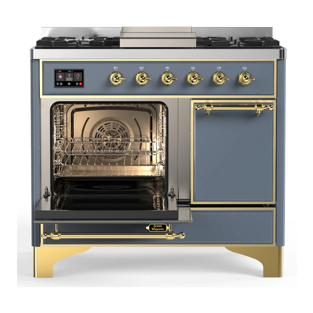 ILVE Majestic III 40-inch Dual Fuel Range with 5 Liquid Propane Burner, Griddle and Solid Door Electric Oven in Blue Grey with Brass Trim (UMD40FQNR3BGGLP)