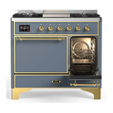 ILVE Majestic III 40-inch Dual Fuel Range with 5 Liquid Propane Burner, Griddle and Solid Door Electric Oven in Blue Grey with Brass Trim (UMD40FQNR3BGGLP)