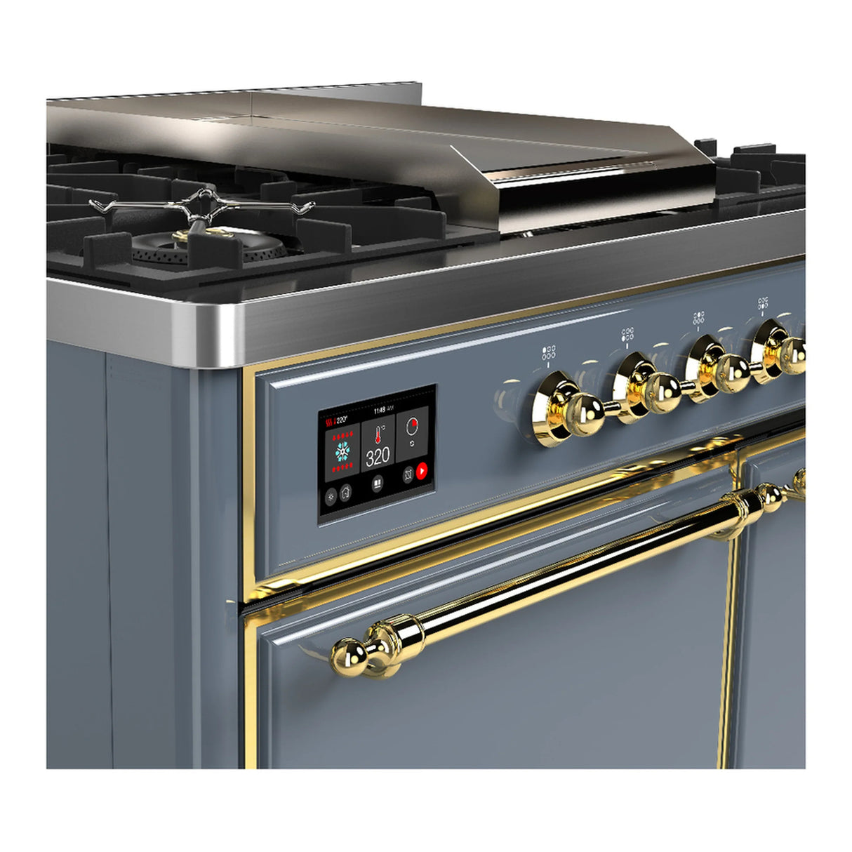 ILVE Majestic III 40-inch Dual Fuel Range with 5 Liquid Propane Burner, Griddle and Solid Door Electric Oven in Blue Grey with Brass Trim (UMD40FQNR3BGGLP)
