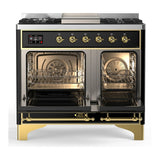 ILVE Majestic III 40-inch Dual Fuel Range with 6 Natural Gas Burner, Griddle and Solid Door Electric Oven in Glossy Black with Brass Trim (UMD40FQNR3BKG)