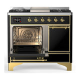 ILVE Majestic III 40-inch Dual Fuel Range with 6 Natural Gas Burner, Griddle and Solid Door Electric Oven in Glossy Black with Brass Trim (UMD40FQNR3BKG)