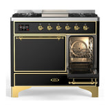 ILVE Majestic III 40-inch Dual Fuel Range with 6 Natural Gas Burner, Griddle and Solid Door Electric Oven in Glossy Black with Brass Trim (UMD40FQNR3BKG)