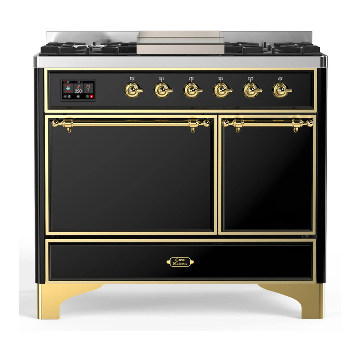 ILVE Majestic III 40-inch Dual Fuel Range with 6 Natural Gas Burner, Griddle and Solid Door Electric Oven in Glossy Black with Brass Trim (UMD40FQNR3BKG)