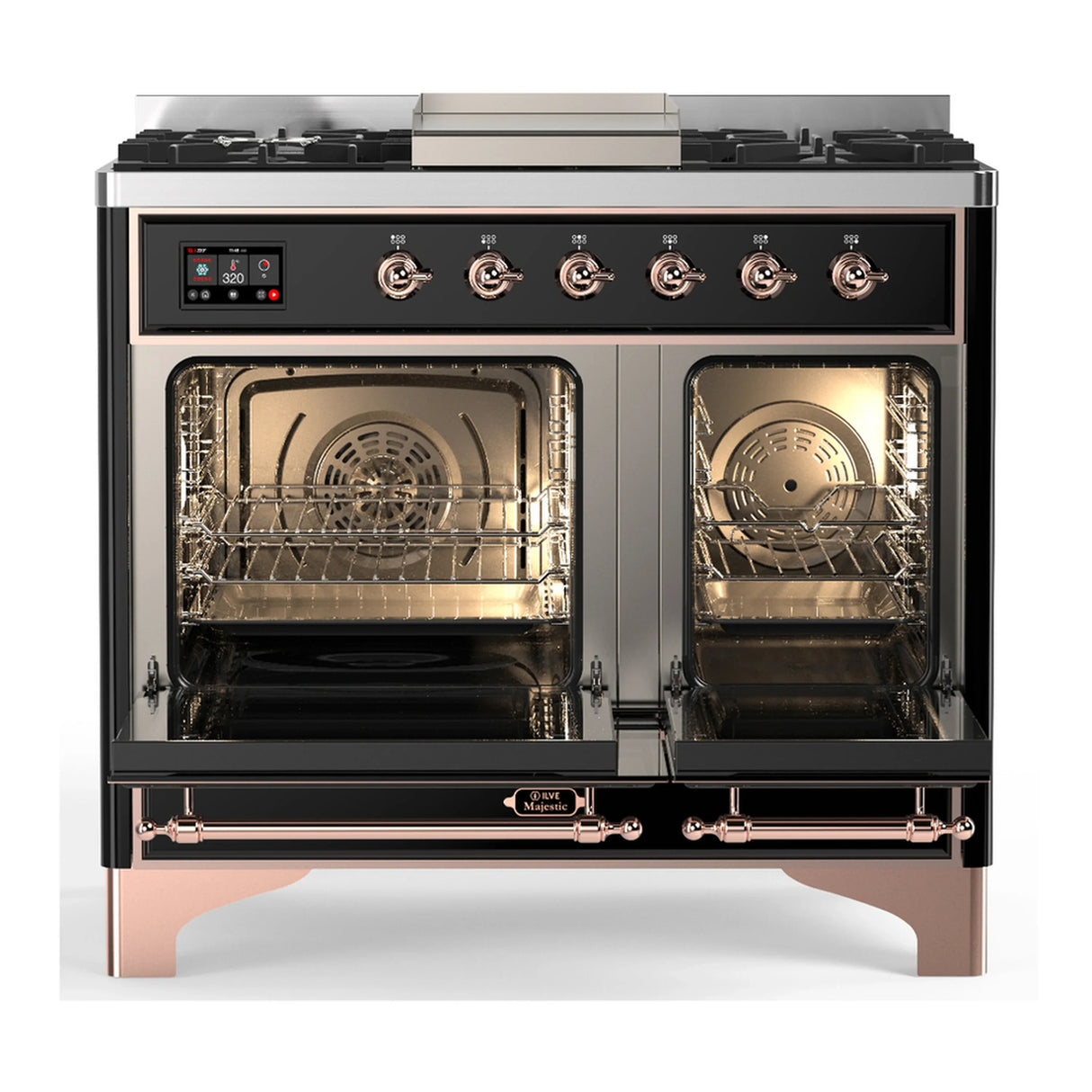 ILVE Majestic III 40-inch Dual Fuel Range with 6 Natural Gas Burner, Griddle and Solid Door Electric Oven in Glossy Black with Copper Trim (UMD40FQNR3BKP)