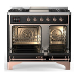 ILVE Majestic III 40-inch Dual Fuel Range with 6 Natural Gas Burner, Griddle and Solid Door Electric Oven in Glossy Black with Copper Trim (UMD40FQNR3BKP)