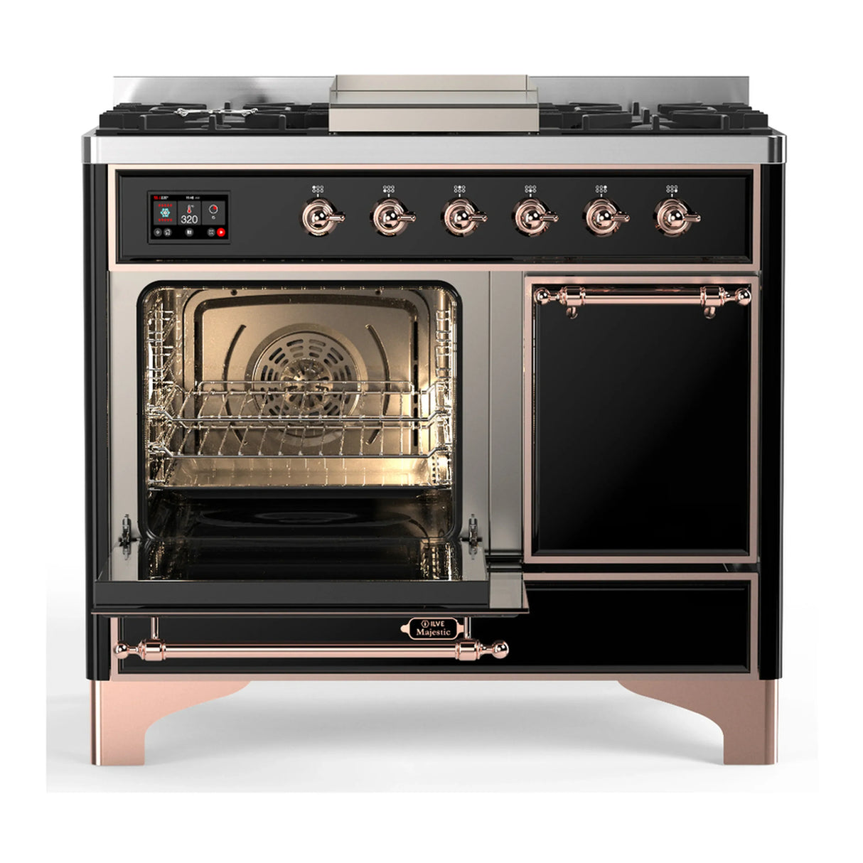 ILVE Majestic III 40-inch Dual Fuel Range with 6 Natural Gas Burner, Griddle and Solid Door Electric Oven in Glossy Black with Copper Trim (UMD40FQNR3BKP)