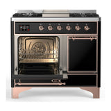 ILVE Majestic III 40-inch Dual Fuel Range with 6 Natural Gas Burner, Griddle and Solid Door Electric Oven in Glossy Black with Copper Trim (UMD40FQNR3BKP)