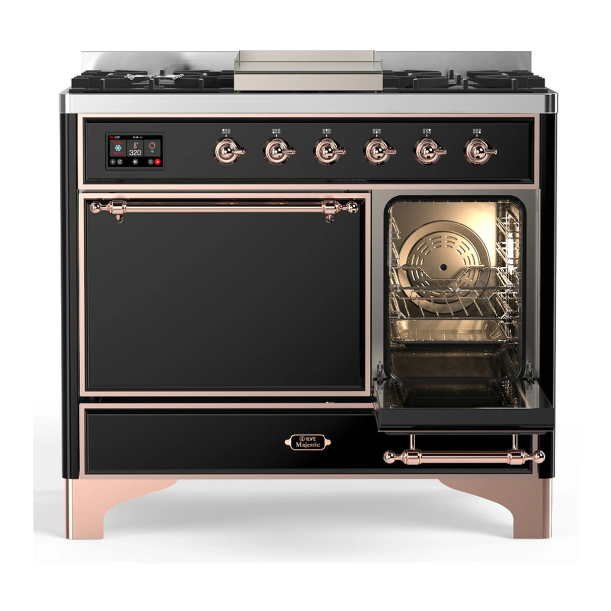 ILVE Majestic III 40-inch Dual Fuel Range with 6 Natural Gas Burner, Griddle and Solid Door Electric Oven in Glossy Black with Copper Trim (UMD40FQNR3BKP)