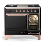 ILVE Majestic III 40-inch Dual Fuel Range with 6 Natural Gas Burner, Griddle and Solid Door Electric Oven in Glossy Black with Copper Trim (UMD40FQNR3BKP)