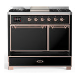 ILVE Majestic III 40-inch Dual Fuel Range with 6 Natural Gas Burner, Griddle and Solid Door Electric Oven in Glossy Black with Copper Trim (UMD40FQNR3BKP)