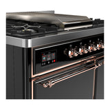 ILVE Majestic III 40-inch Dual Fuel Range with 6 Natural Gas Burner, Griddle and Solid Door Electric Oven in Glossy Black with Copper Trim (UMD40FQNR3BKP)
