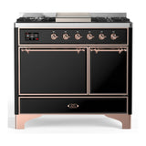 ILVE Majestic III 40-inch Dual Fuel Range with 6 Natural Gas Burner, Griddle and Solid Door Electric Oven in Glossy Black with Copper Trim (UMD40FQNR3BKP)