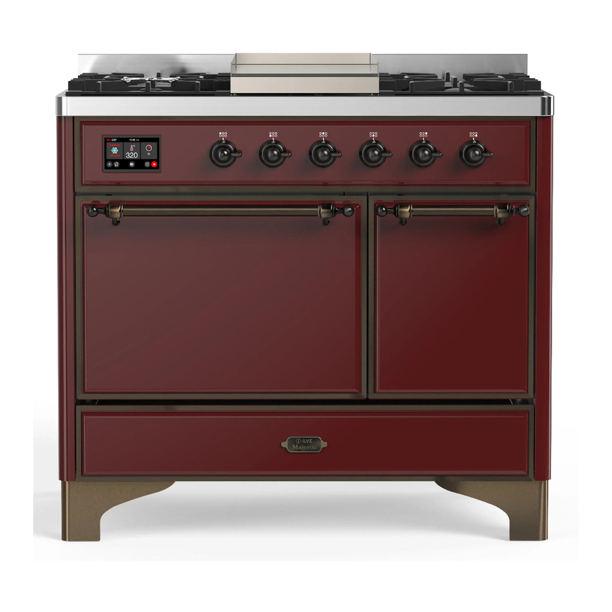 ILVE Majestic III 40-inch Dual Fuel Range with 5 Liquid Propane Burner, Griddle and Solid Door Electric Oven in Burgundy with Burnished Trim (UMD40FQNR3BUBLP)