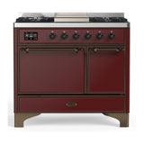 ILVE Majestic III 40-inch Dual Fuel Range with 5 Liquid Propane Burner, Griddle and Solid Door Electric Oven in Burgundy with Burnished Trim (UMD40FQNR3BUBLP)