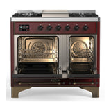 ILVE Majestic III 40-inch Dual Fuel Range with 5 Liquid Propane Burner, Griddle and Solid Door Electric Oven in Burgundy with Burnished Trim (UMD40FQNR3BUBLP)