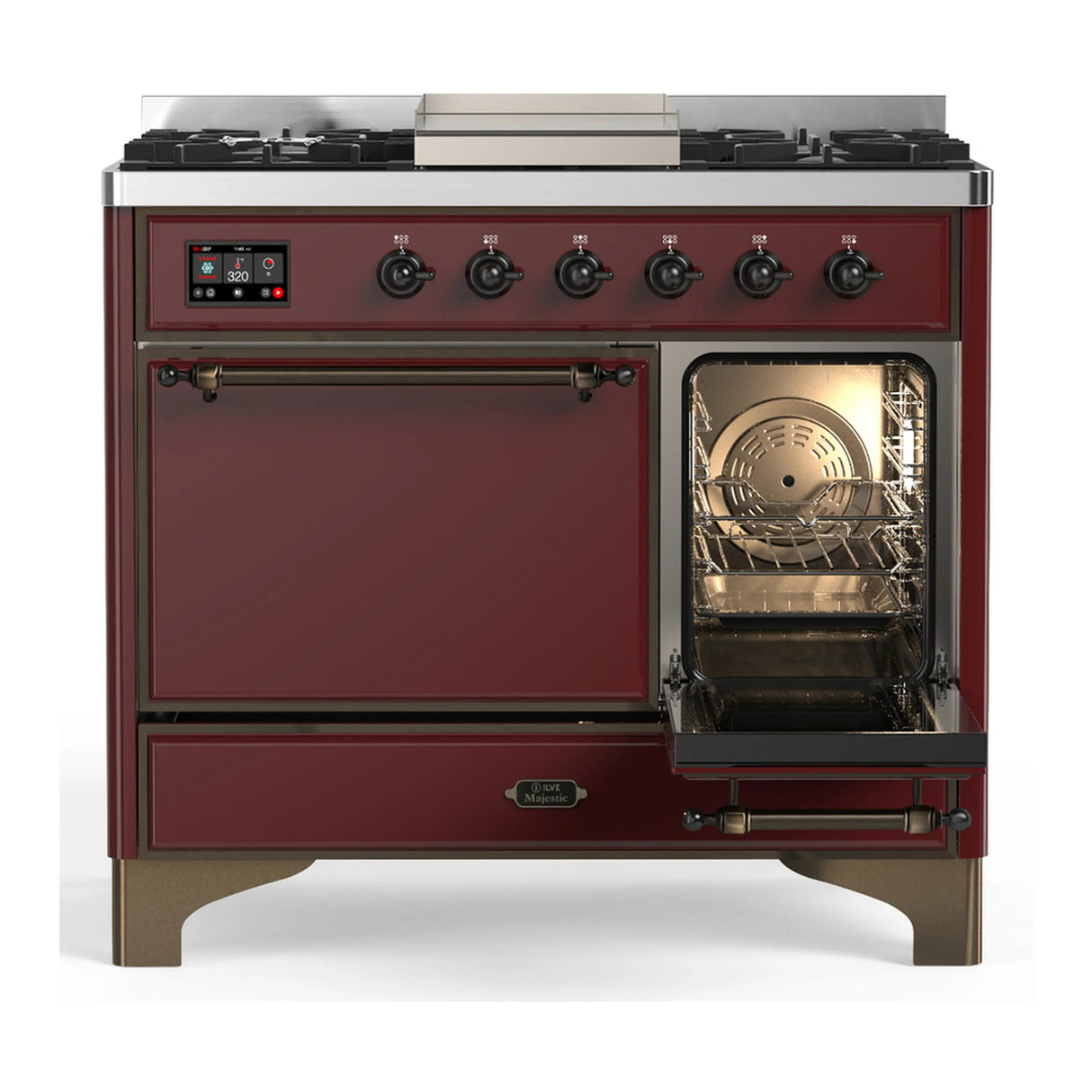 ILVE Majestic III 40-inch Dual Fuel Range with 5 Liquid Propane Burner, Griddle and Solid Door Electric Oven in Burgundy with Burnished Trim (UMD40FQNR3BUBLP)