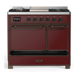 ILVE Majestic III 40-inch Dual Fuel Range with 5 Liquid Propane Burner, Griddle and Solid Door Electric Oven in Burgundy with Burnished Trim (UMD40FQNR3BUBLP)