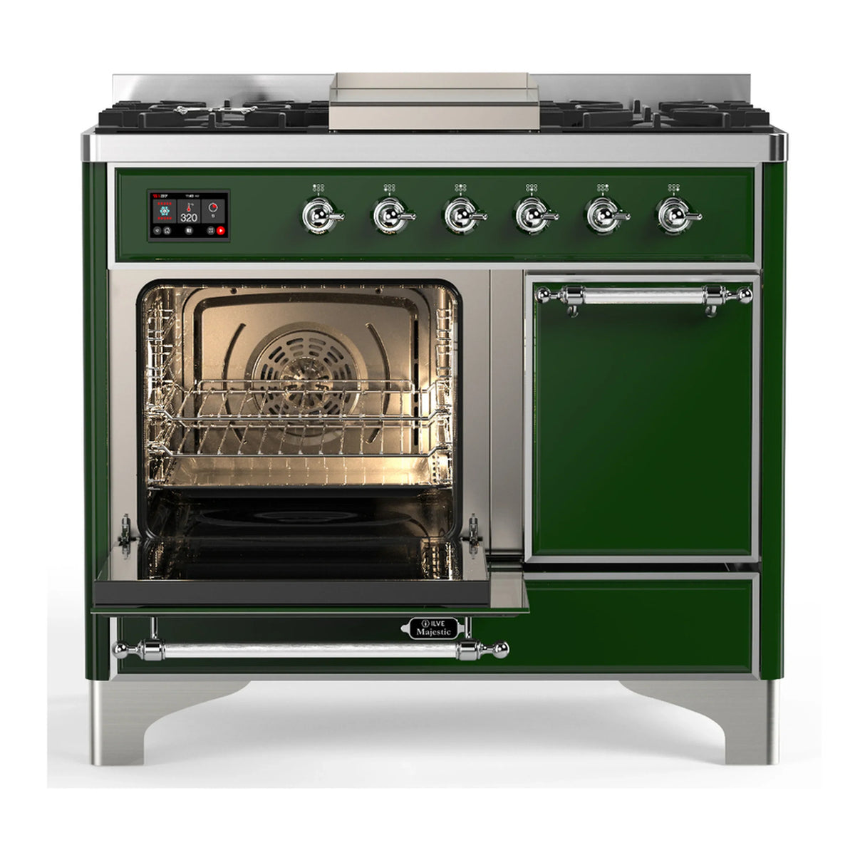 ILVE Majestic III 40-inch Dual Fuel Range with 5 Liquid Propane Burner, Griddle and Solid Door Electric Oven in Emerald Green with Chrome Trim (UMD40FQNR3EGCLP)