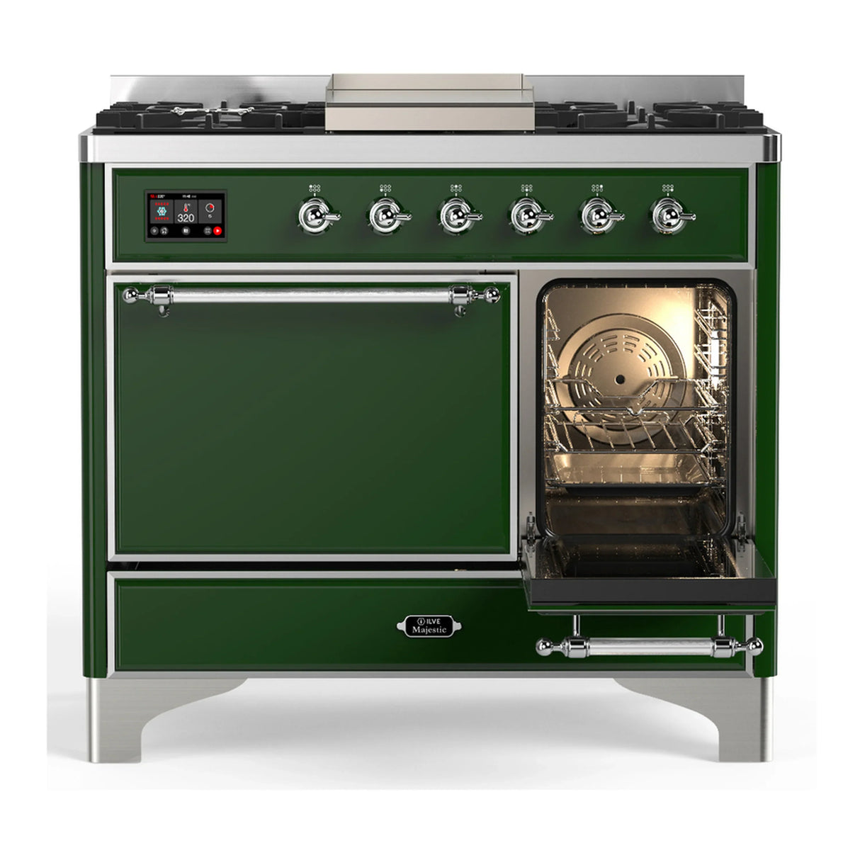 ILVE Majestic III 40-inch Dual Fuel Range with 5 Liquid Propane Burner, Griddle and Solid Door Electric Oven in Emerald Green with Chrome Trim (UMD40FQNR3EGCLP)