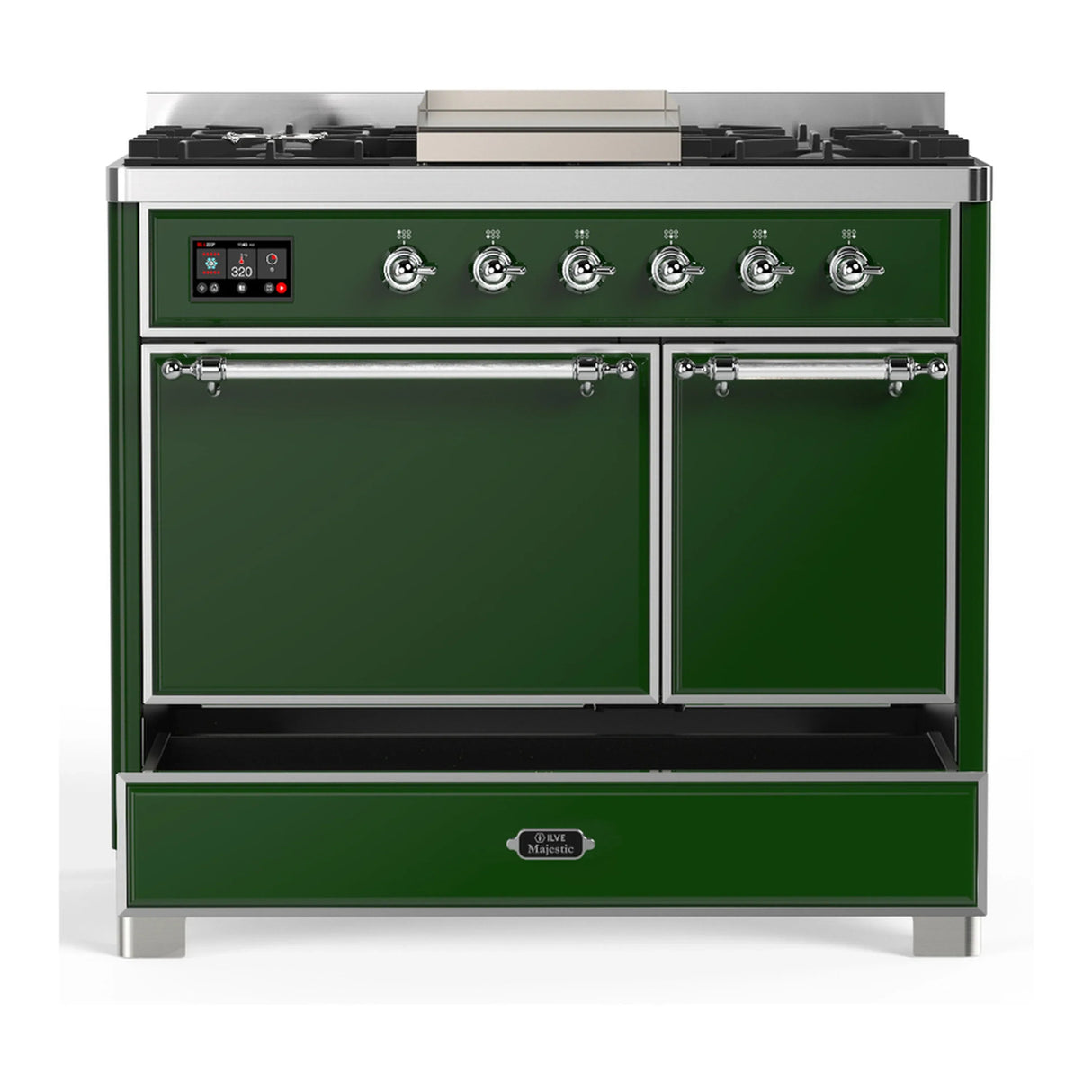 ILVE Majestic III 40-inch Dual Fuel Range with 5 Liquid Propane Burner, Griddle and Solid Door Electric Oven in Emerald Green with Chrome Trim (UMD40FQNR3EGCLP)
