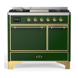 ILVE Majestic III 40-inch Dual Fuel Range with 5 Liquid Propane Burner, Griddle and Solid Door Electric Oven in Emerald Green with Brass Trim (UMD40FQNR3EGGLP)