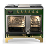 ILVE Majestic III 40-inch Dual Fuel Range with 5 Liquid Propane Burner, Griddle and Solid Door Electric Oven in Emerald Green with Brass Trim (UMD40FQNR3EGGLP)