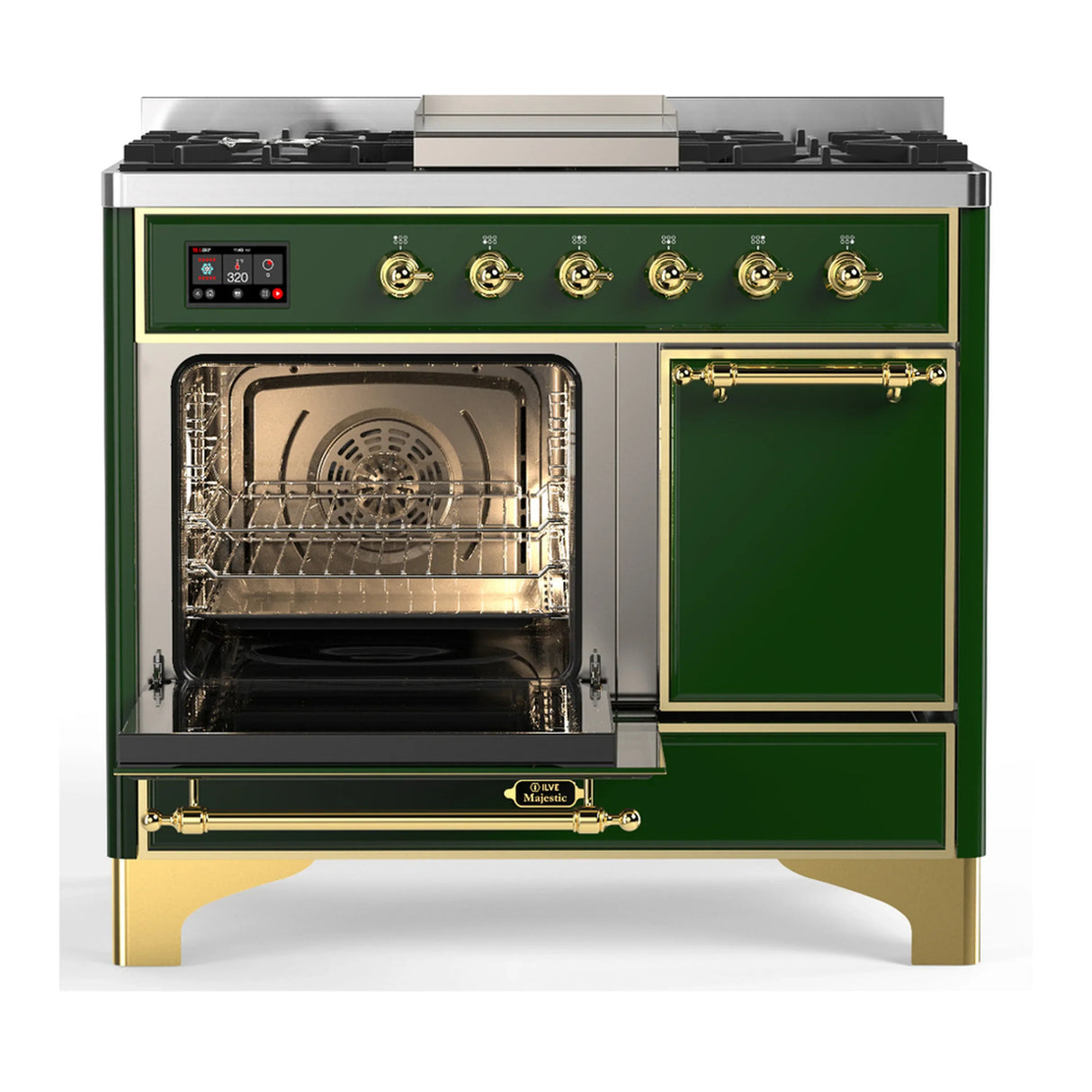 ILVE Majestic III 40-inch Dual Fuel Range with 5 Liquid Propane Burner, Griddle and Solid Door Electric Oven in Emerald Green with Brass Trim (UMD40FQNR3EGGLP)