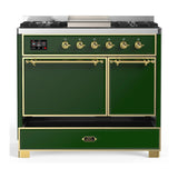 ILVE Majestic III 40-inch Dual Fuel Range with 5 Liquid Propane Burner, Griddle and Solid Door Electric Oven in Emerald Green with Brass Trim (UMD40FQNR3EGGLP)
