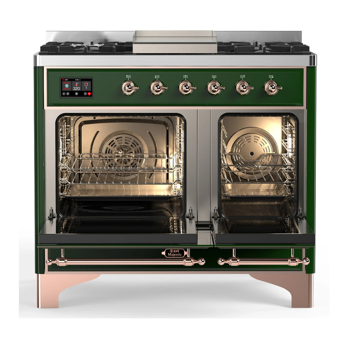 ILVE Majestic III 40-inch Dual Fuel Range with 6 Natural Gas Burner, Griddle and Solid Door Electric Oven in Emerald Green with Copper Trim (UMD40FQNR3EGP)