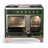 ILVE Majestic III 40-inch Dual Fuel Range with 6 Natural Gas Burner, Griddle and Solid Door Electric Oven in Emerald Green with Copper Trim (UMD40FQNR3EGP)