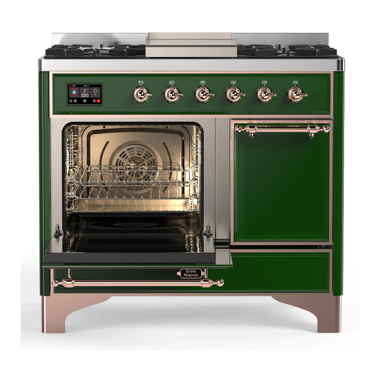 ILVE Majestic III 40-inch Dual Fuel Range with 6 Natural Gas Burner, Griddle and Solid Door Electric Oven in Emerald Green with Copper Trim (UMD40FQNR3EGP)