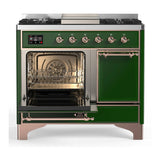 ILVE Majestic III 40-inch Dual Fuel Range with 6 Natural Gas Burner, Griddle and Solid Door Electric Oven in Emerald Green with Copper Trim (UMD40FQNR3EGP)