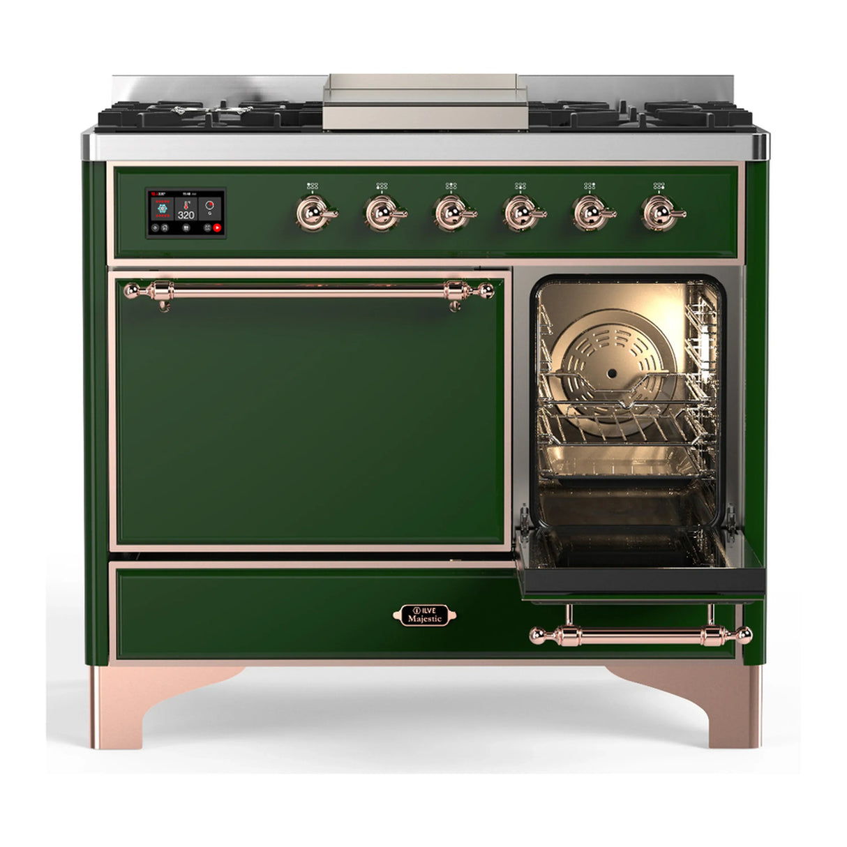 ILVE Majestic III 40-inch Dual Fuel Range with 6 Natural Gas Burner, Griddle and Solid Door Electric Oven in Emerald Green with Copper Trim (UMD40FQNR3EGP)