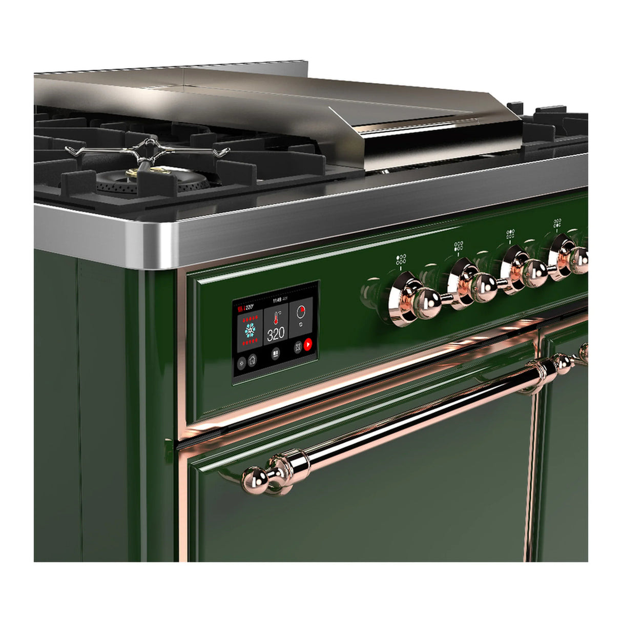 ILVE Majestic III 40-inch Dual Fuel Range with 6 Natural Gas Burner, Griddle and Solid Door Electric Oven in Emerald Green with Copper Trim (UMD40FQNR3EGP)