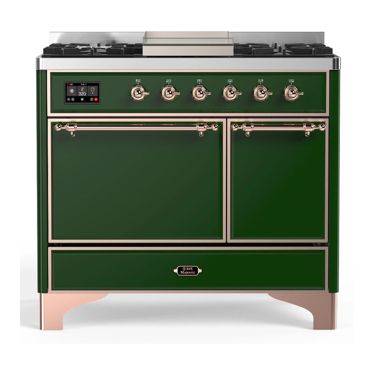 ILVE Majestic III 40-inch Dual Fuel Range with 6 Natural Gas Burner, Griddle and Solid Door Electric Oven in Emerald Green with Copper Trim (UMD40FQNR3EGP)